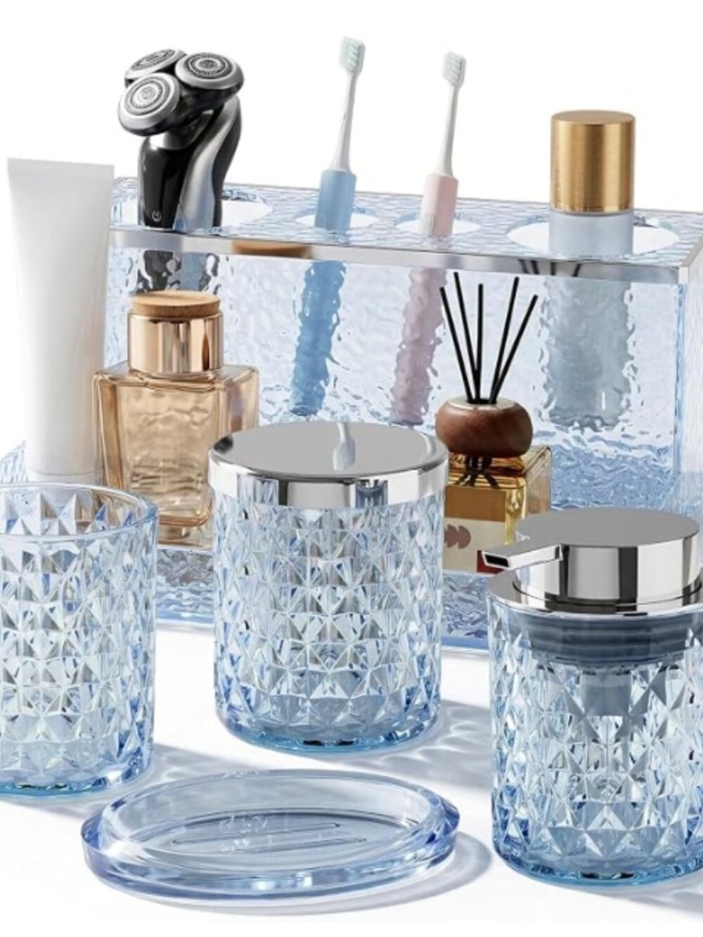 Glass Bathroom Accessories Set 5Pcs Crystal Blue - Foaming Soap Dispenser, Soap